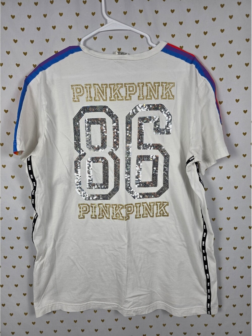 Victorias Secret PINK HTF Bling Sequined 86 White Tee Shirt Silver XL